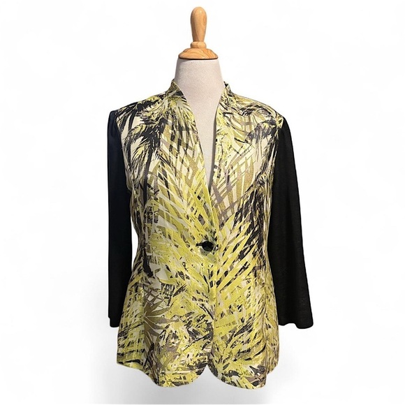 Ming Wang Jackets & Blazers - Ming Wang Blazer Jacket L Yellow Black Palm Print 3/4 Sleeve Stretch Knit Career